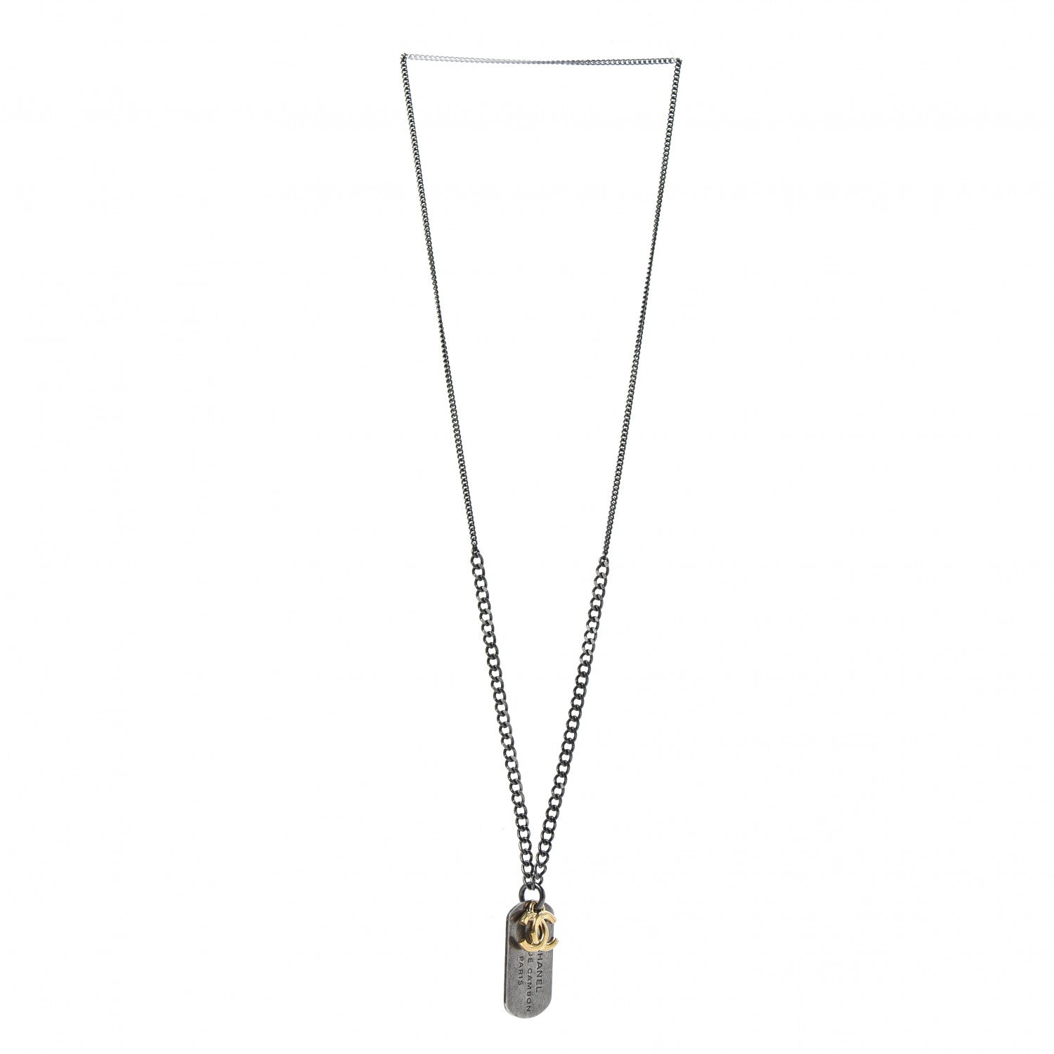 Chanel Ruthenium ID Dog Tag Charm Necklace Silver Gold 3 of 6