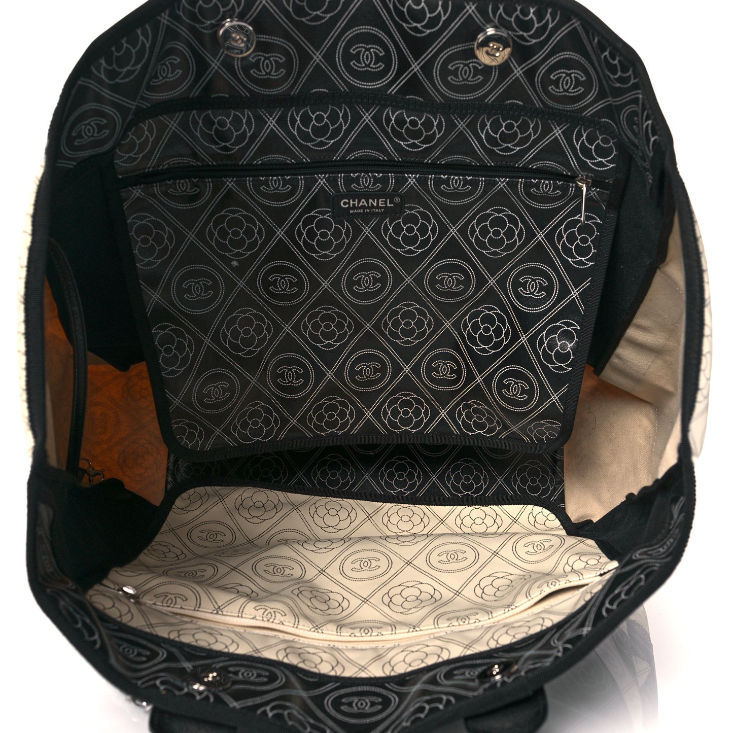 Coated Canvas Camellia Large Shopping Tote Black Beige