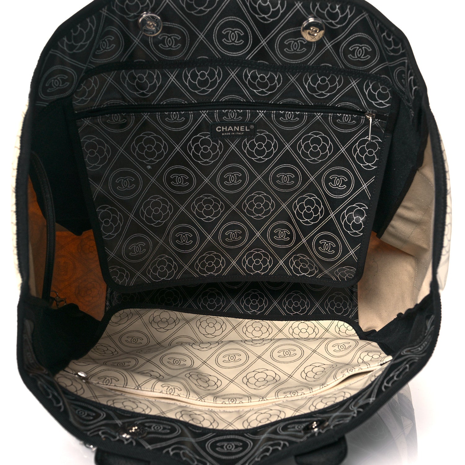 Chanel Coated Canvas Camellia Large Shopping Tote Black Beige 5 of 10