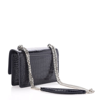 Saint Laurent Calfskin Crocodile Embossed Monogram Sunset Chain Wallet Navy 3 of 7