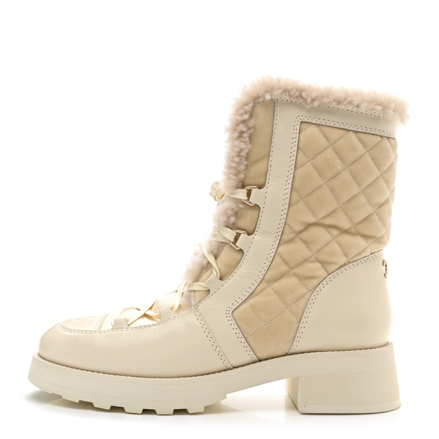Shiny Crumpled Calfskin Velvet Shearling Lace Up Boots 40 Ivory