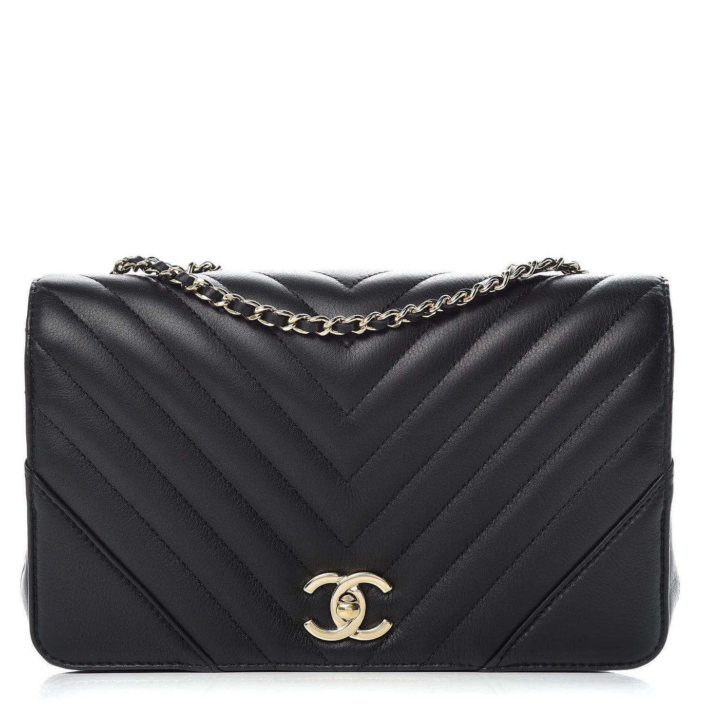 Calfskin Chevron Quilted Statement Flap Black