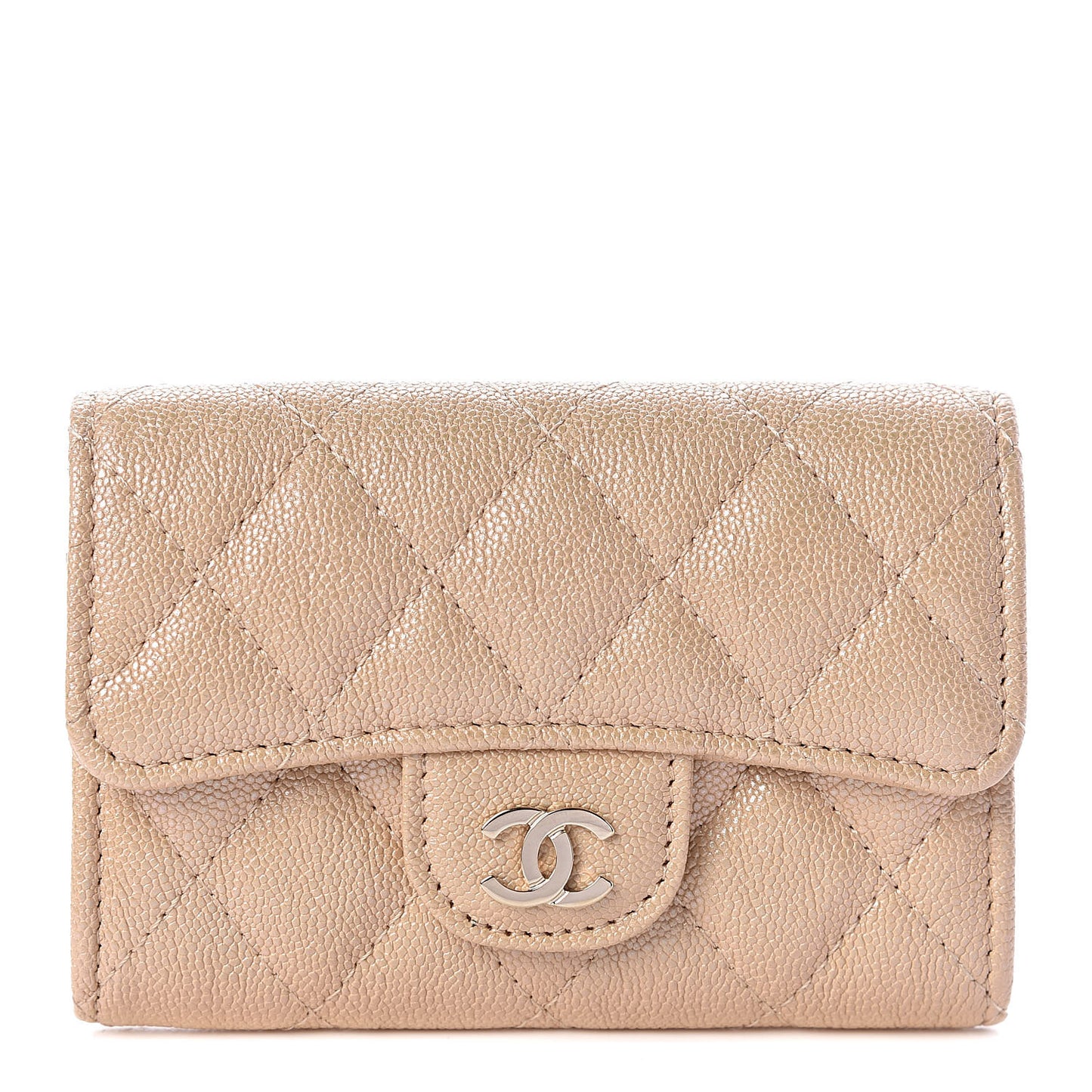 Iridescent Caviar Quilted Flap Card Holder Beige