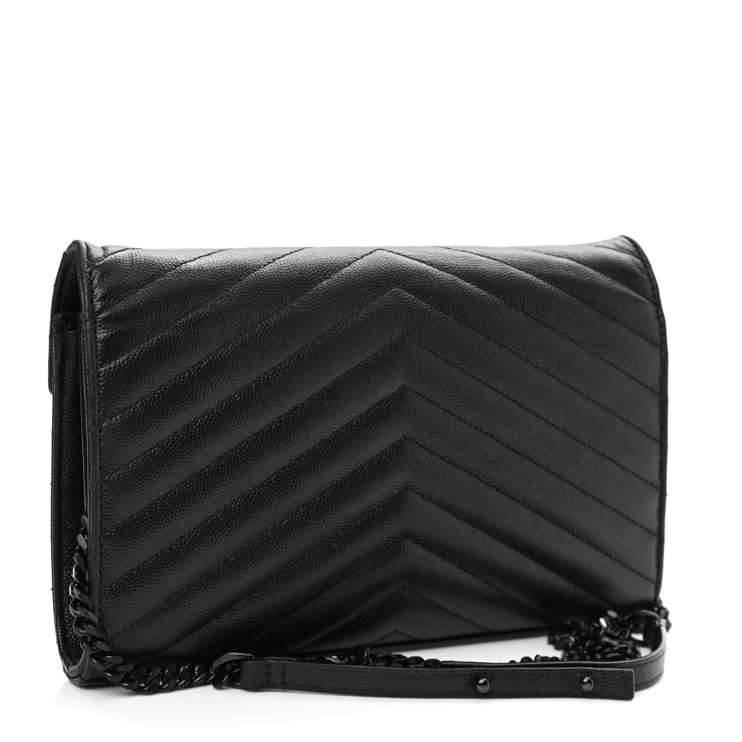 Saint Laurent Grain De Poudre Matelasse Chevron Monogram Chain Wallet Black 3 of 12