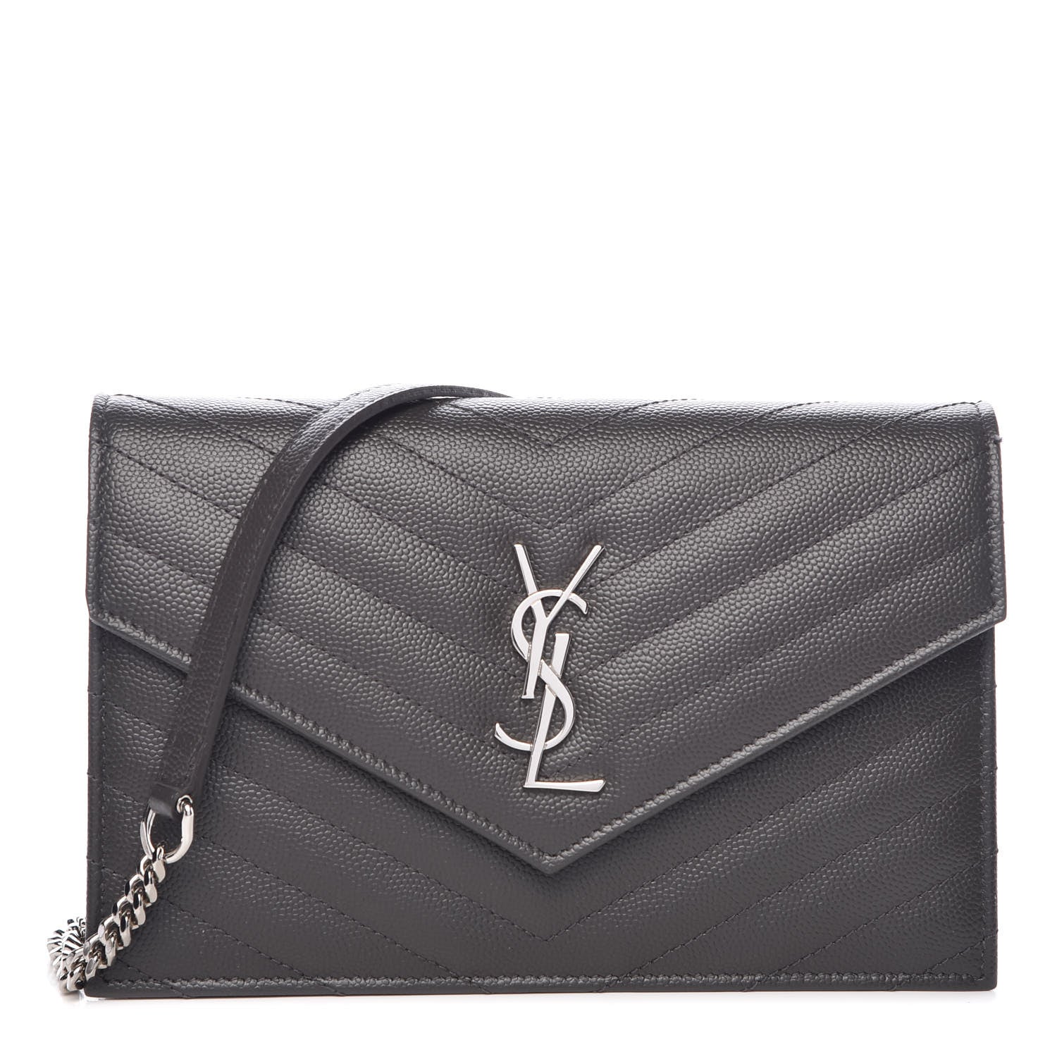 Saint Laurent Grain De Poudre Matelasse Chevron Monogram Envelope Chain Wallet Coal 1 of 11