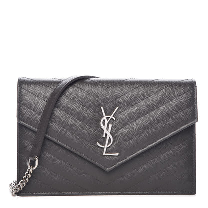 Saint Laurent Grain De Poudre Matelasse Chevron Monogram Envelope Chain Wallet Coal 1 of 11