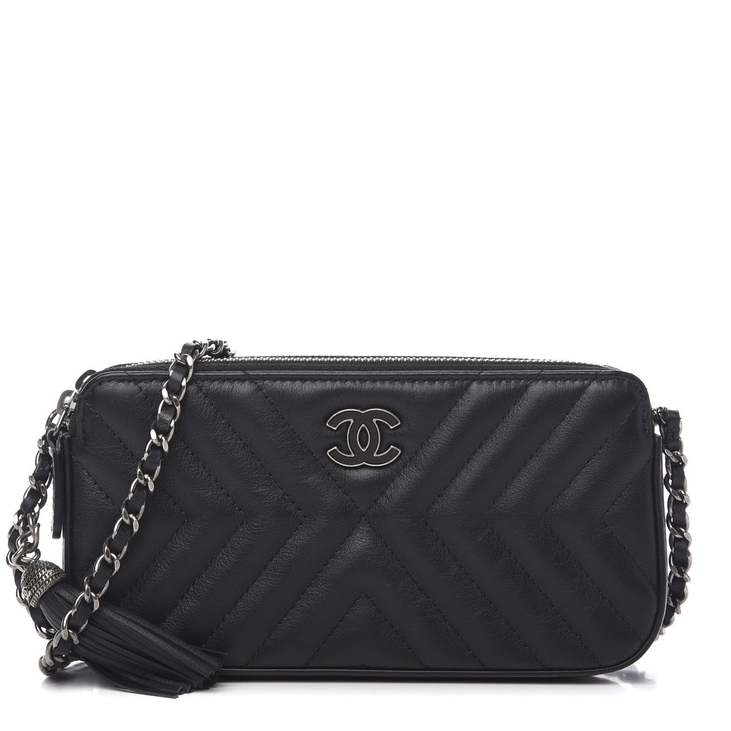Chanel Calfskin Chevron Quilted Tassel Clutch With Chain Black 1 of 11