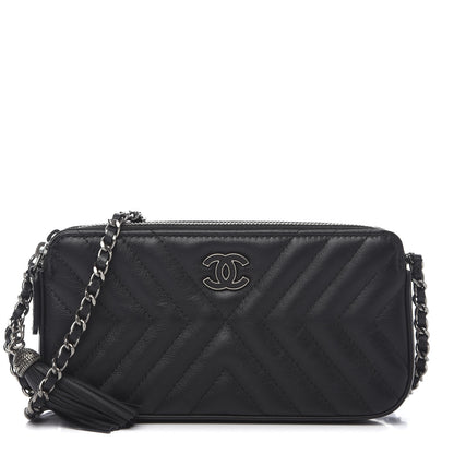 Chanel Calfskin Chevron Quilted Tassel Clutch With Chain Black 1 of 11