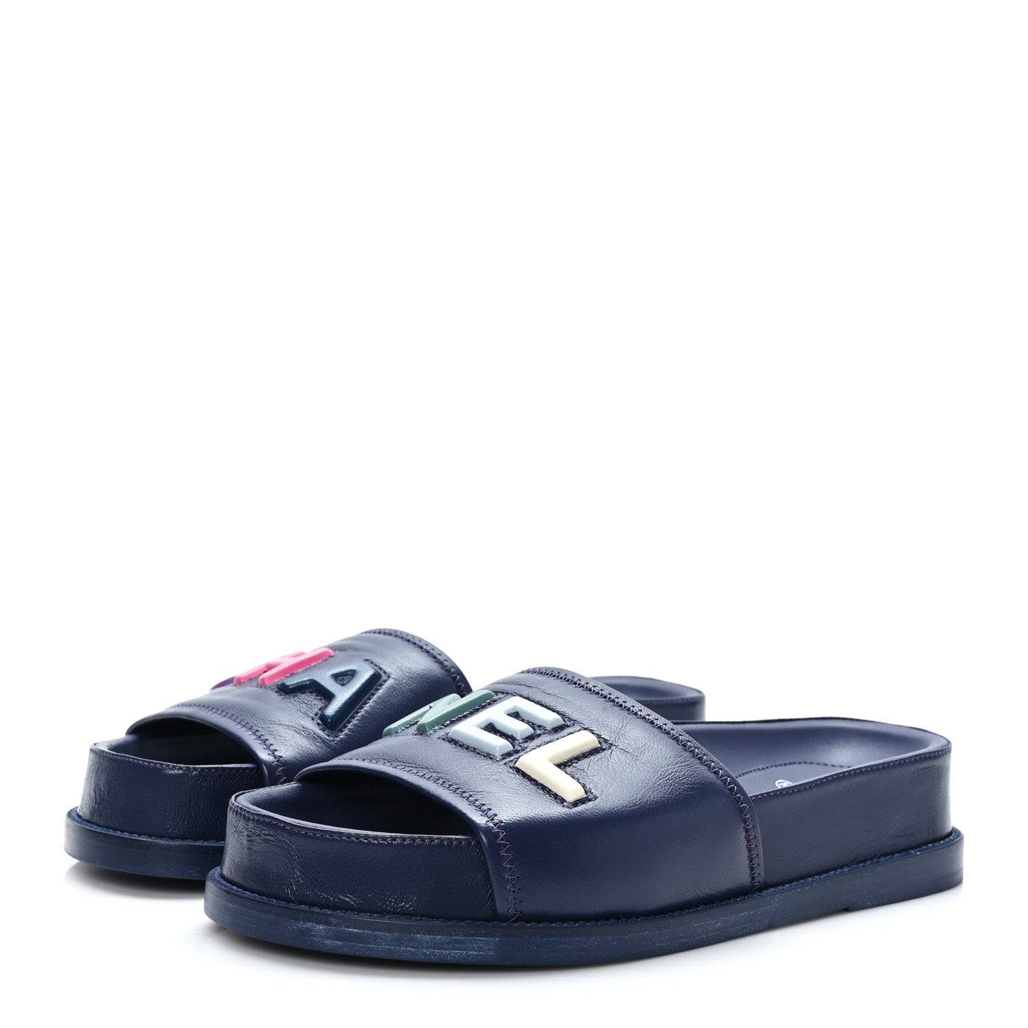 Chanel Lambskin Cha-Nel Mule Sandals 37 Navy Multicolor 3 of 8