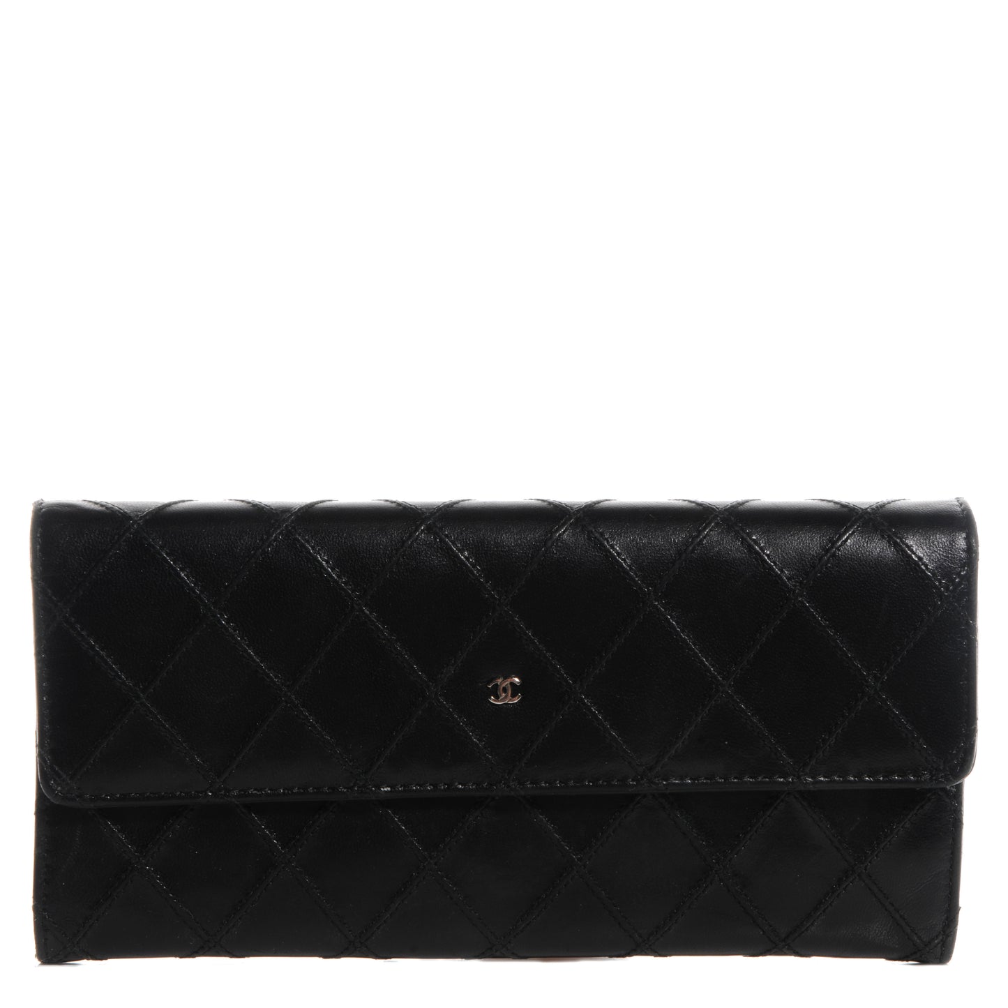 Lambskin Diamond Stitched Long Flap Wallet Black