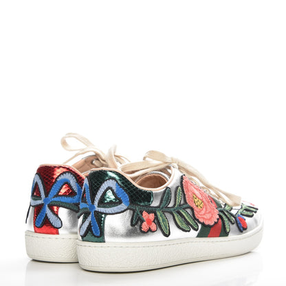 Gucci Metallic Calfskin Floral Embroidered Ace Sneakers 38 Silver 4 of 9
