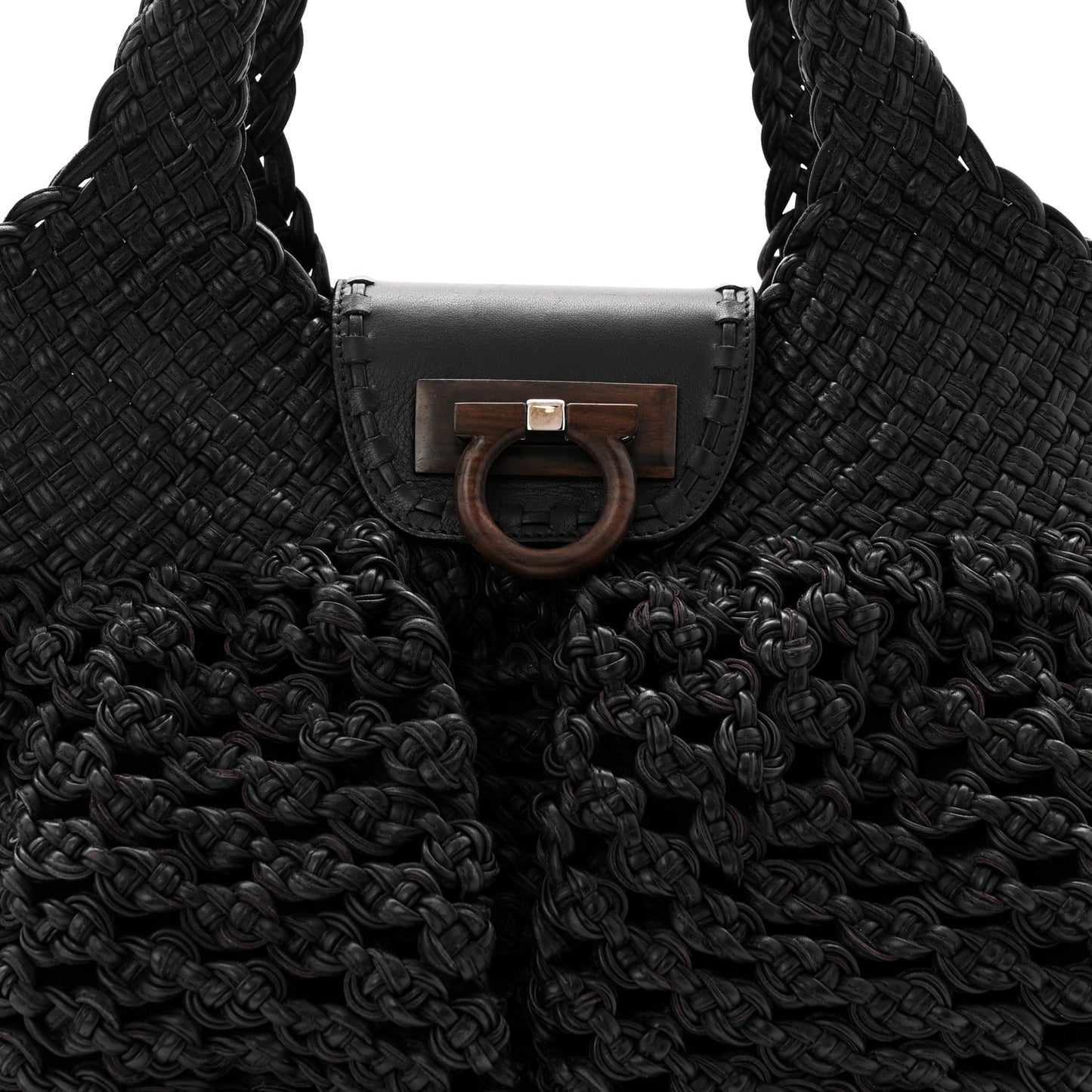 Woven Calfskin Gancini Shoulder Bag Black