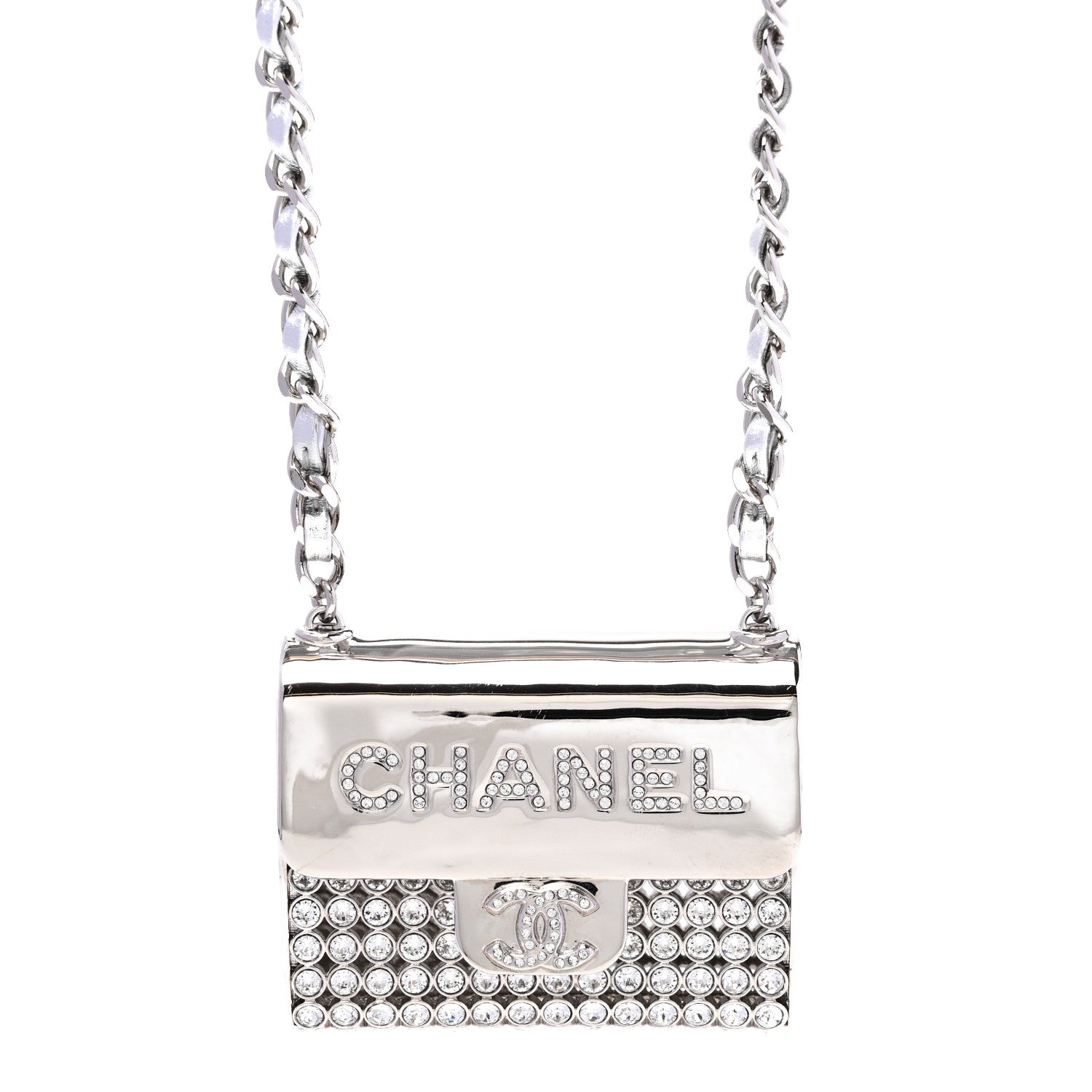 Chanel Metal Lambskin Strass Crystal Purse CC Long Necklace Silver 5 of 6