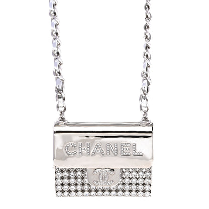 Chanel Metal Lambskin Strass Crystal Purse CC Long Necklace Silver 5 of 6