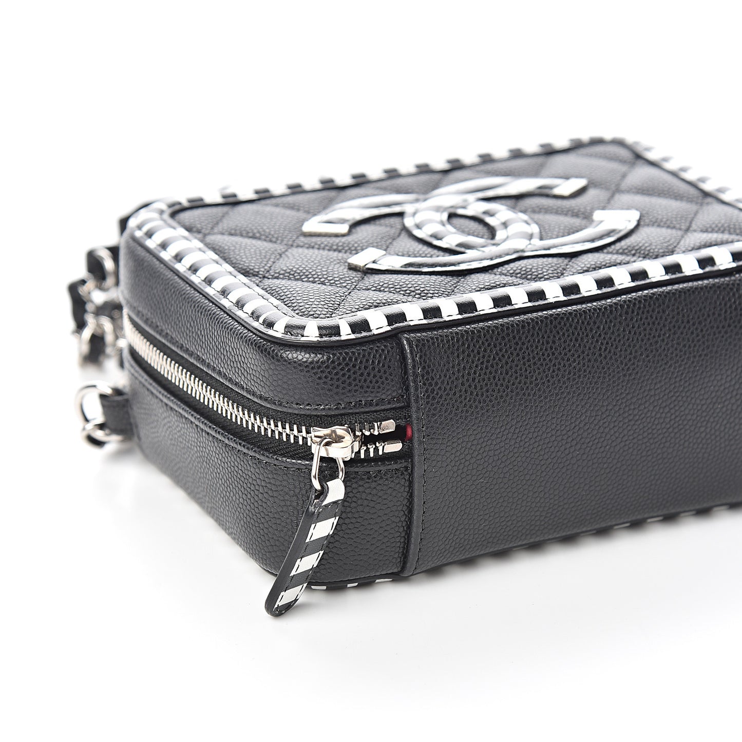 Caviar Quilted Striped Filigree Vanity Clutch With Chain Black White