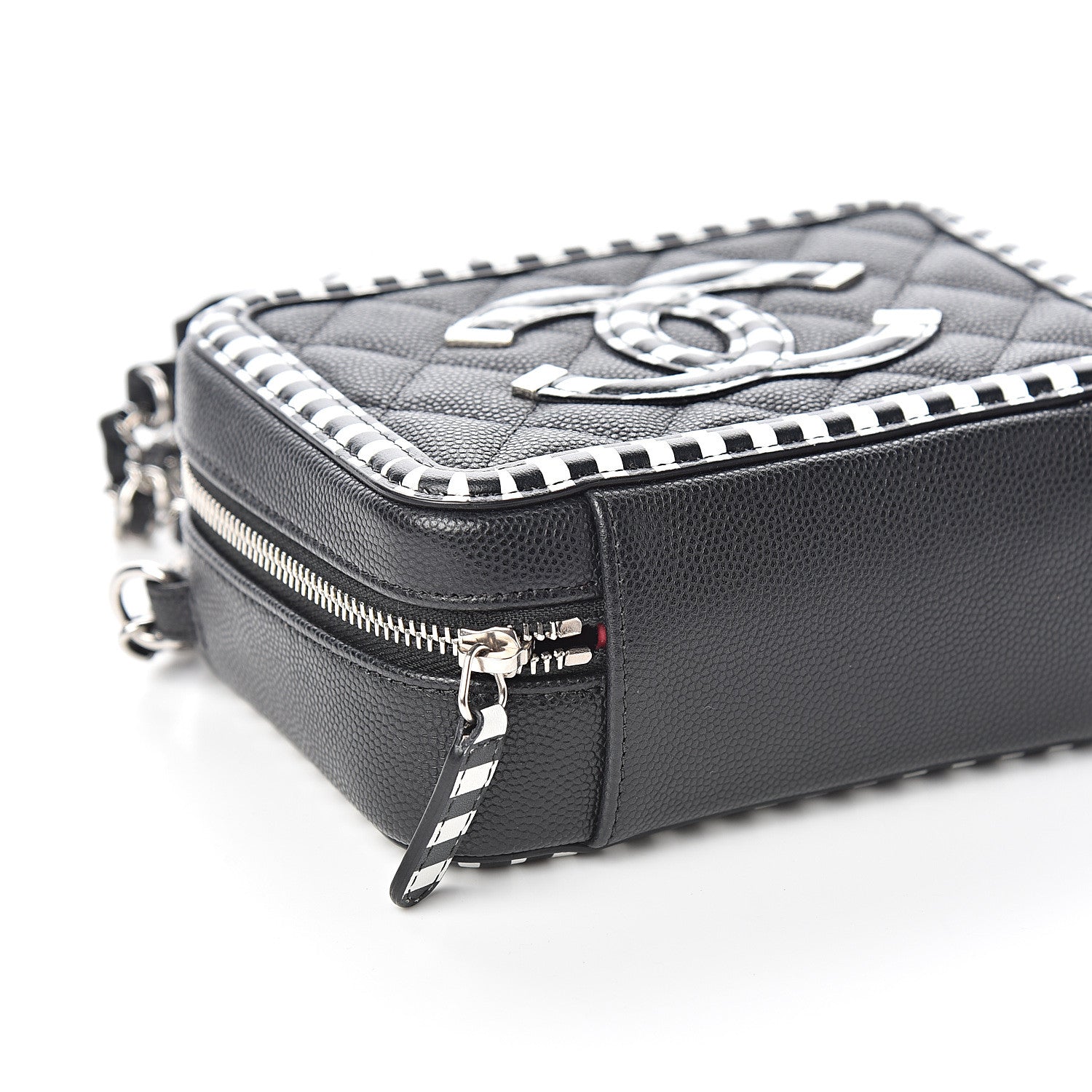 Chanel Caviar Quilted Striped Filigree Vanity Clutch With Chain Black White 7 of 9