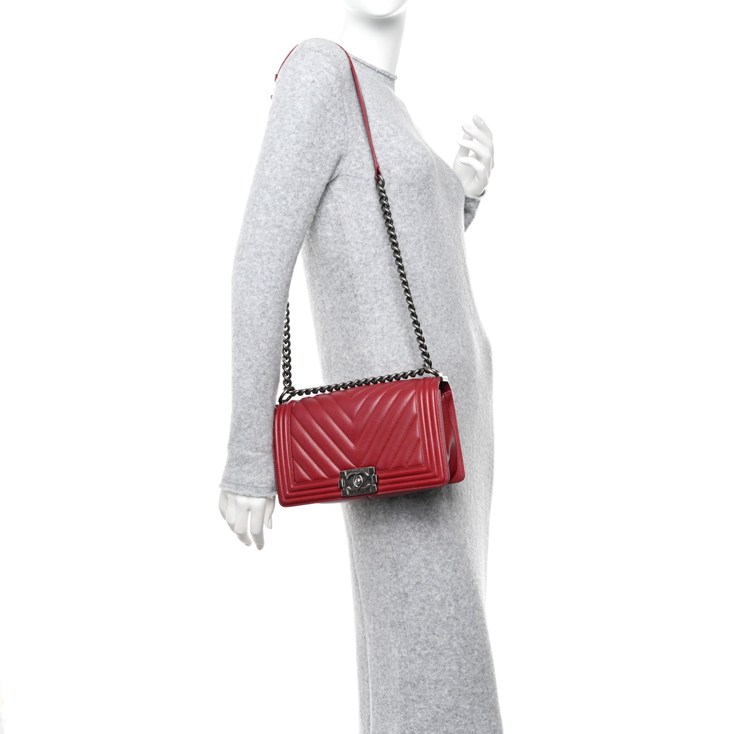 Calfskin Chevron Quilted Medium Boy Flap Dark Red