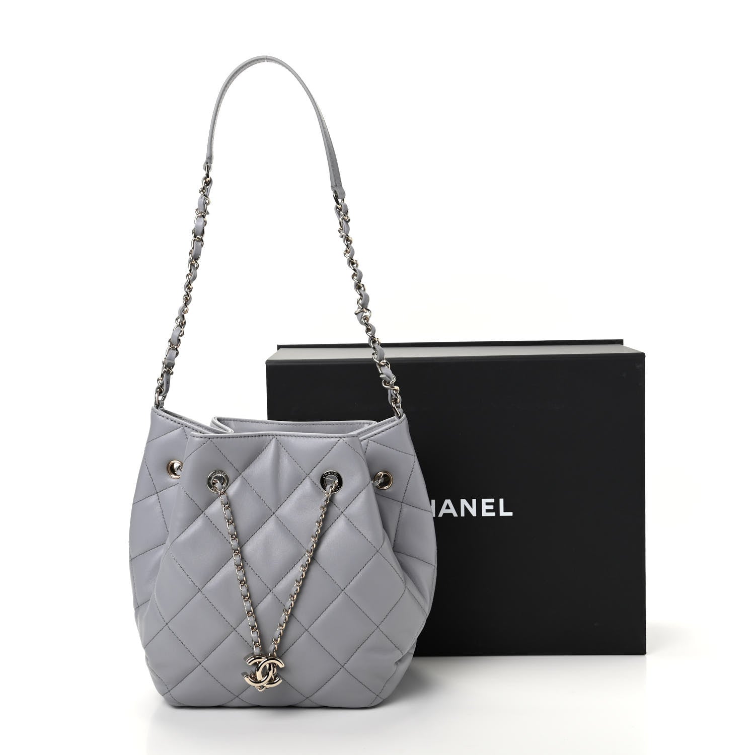 Chanel Lambskin Quilted Large CC Drawstring Bag Light Grey 10 of 10