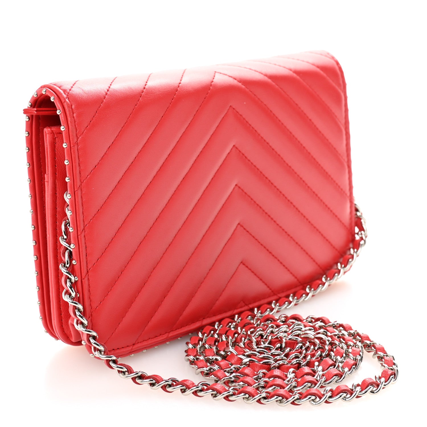 Chanel Lambskin Chevron Quilted Studded Wallet On Chain WOC Light Red 3 of 12