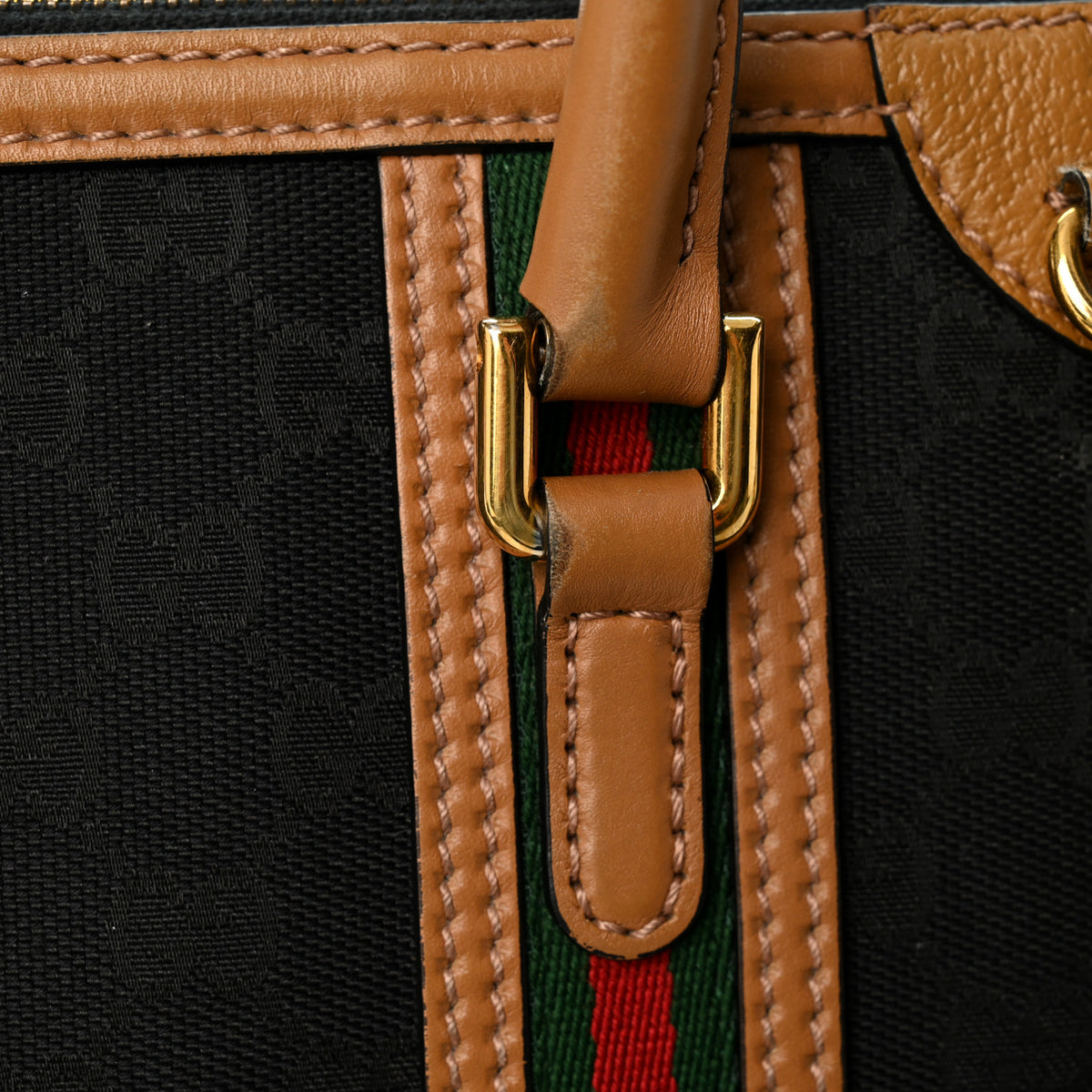 Monogram Textured Dollar Calfskin Web Mini Bauletto Duffle Top Handle Bag Black Koi Beige