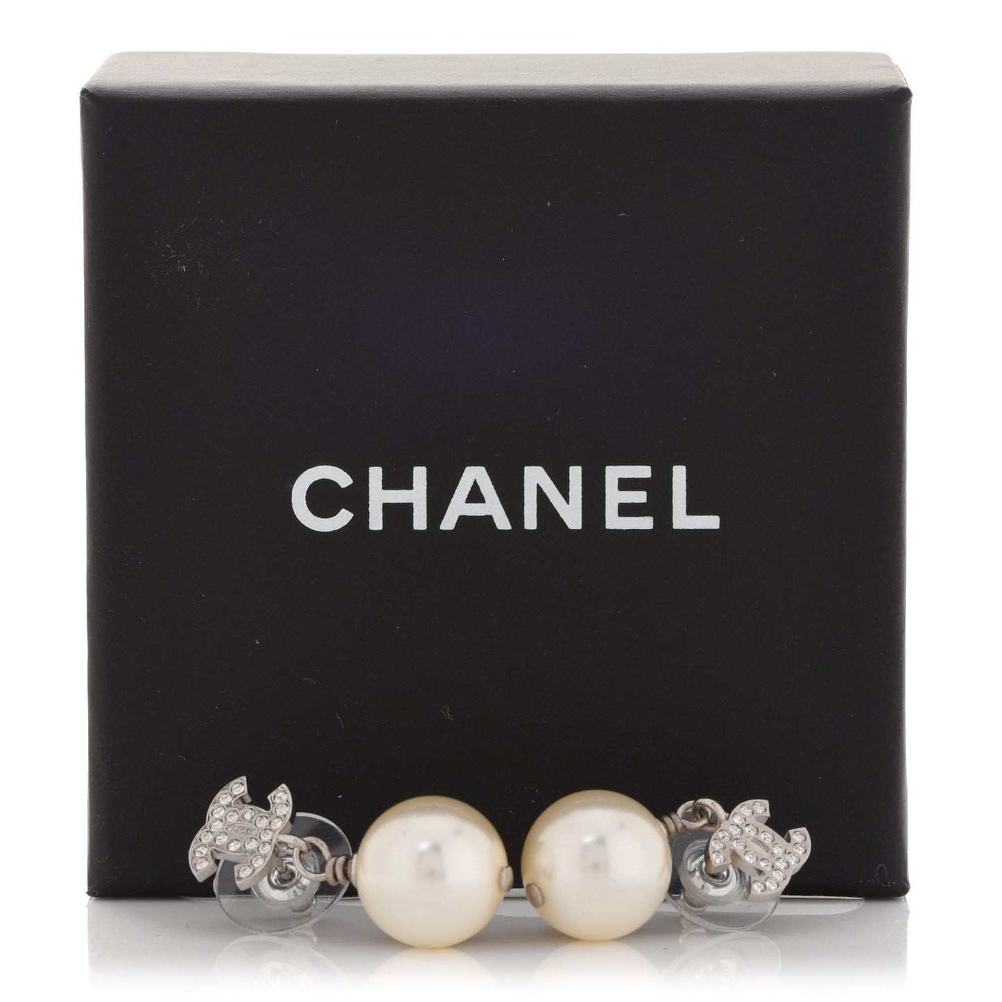 Crystal Pearl CC Drop Earrings Silver