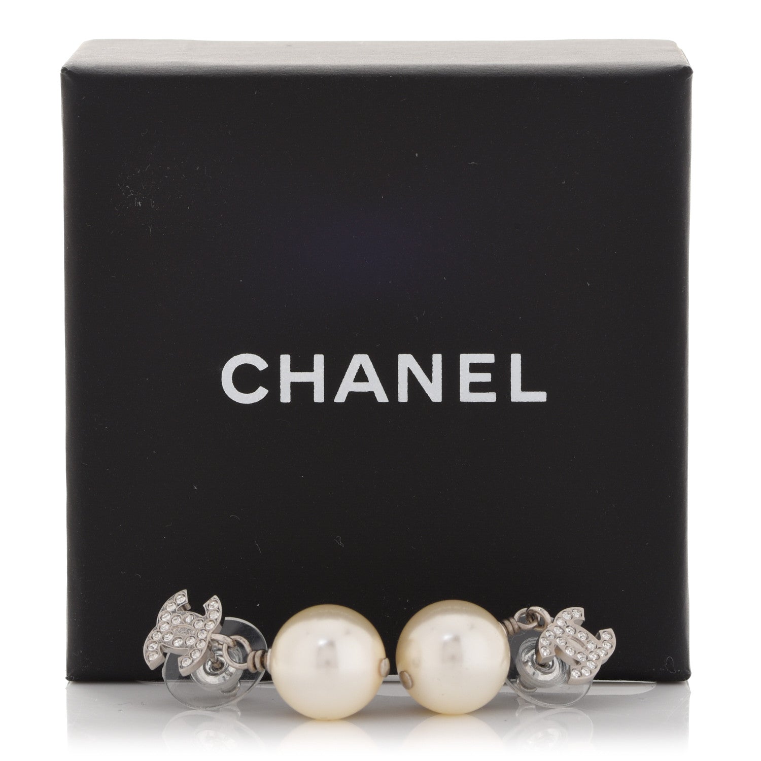 Chanel Crystal Pearl CC Drop Earrings Silver 5 of 5