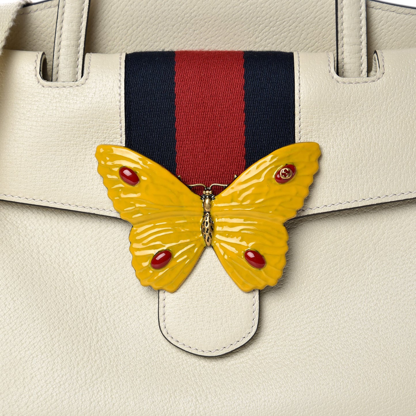 Grained Calfskin Web Stripe Butterfly Medium Totem Top Handle Bag White