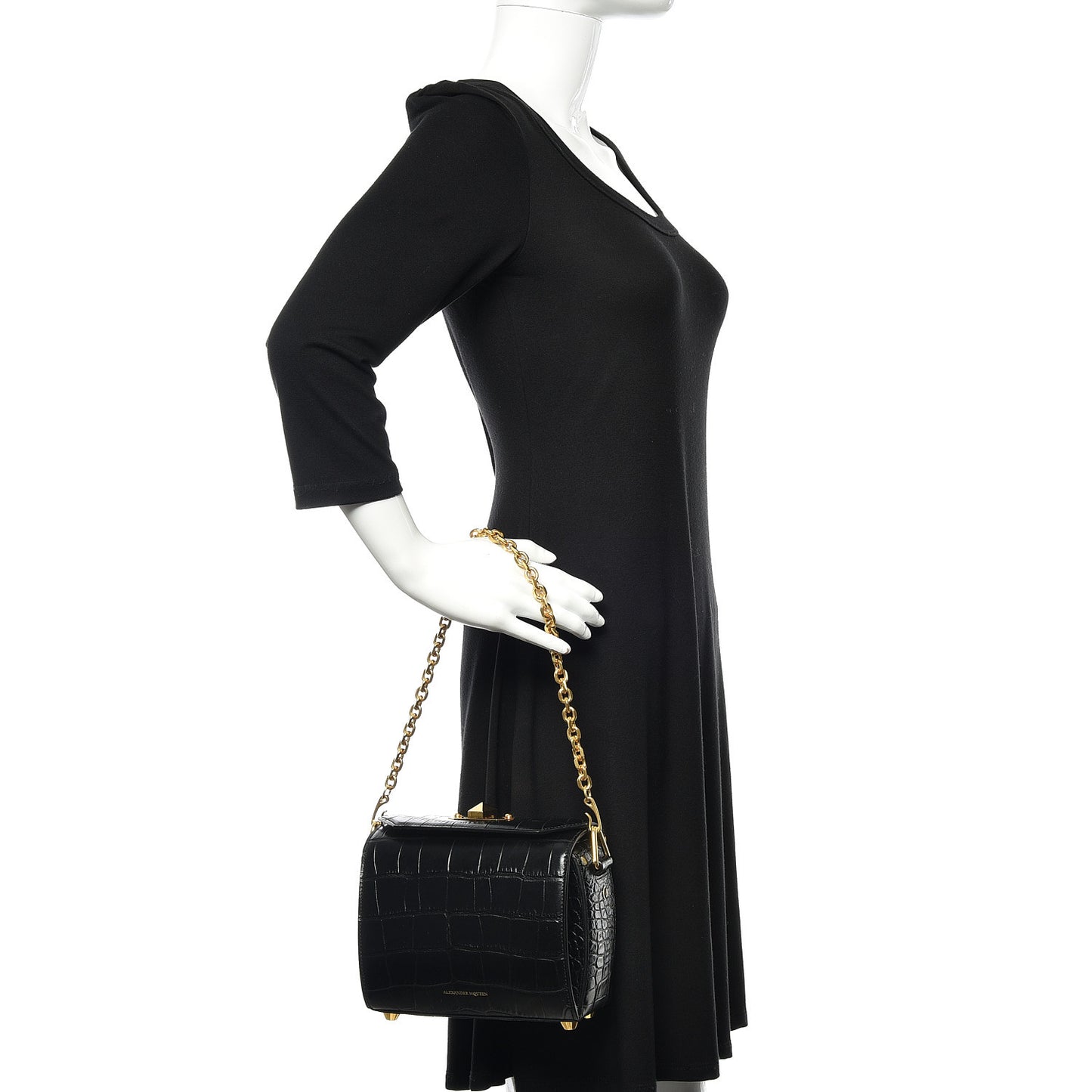 Calfskin Crocodile Embossed Box Shoulder Bag 19 Black
