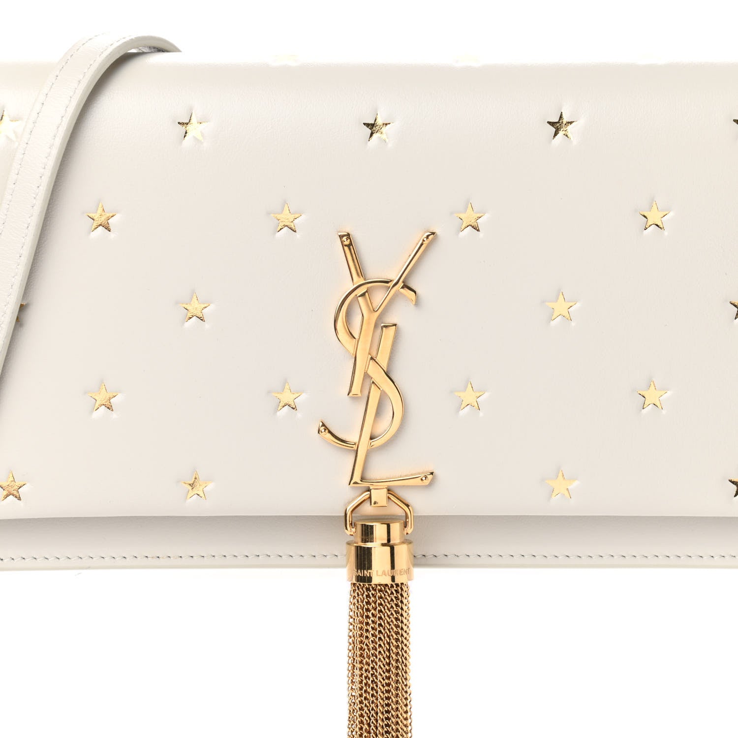 Saint Laurent Calfskin Star Print Monogram Kate Tassel Chain Wallet White Gold 7 of 9