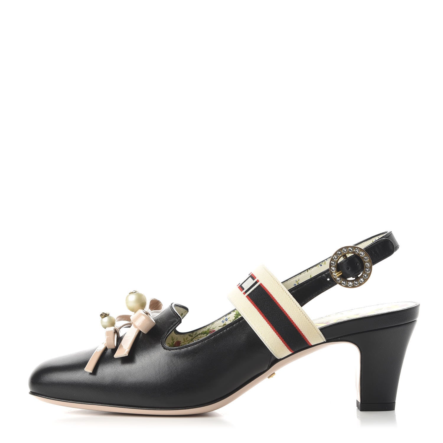 Gucci Malaga Kid Bow Ace Stripe Mid Heel Slingback Pumps 38 Black 1 of 9