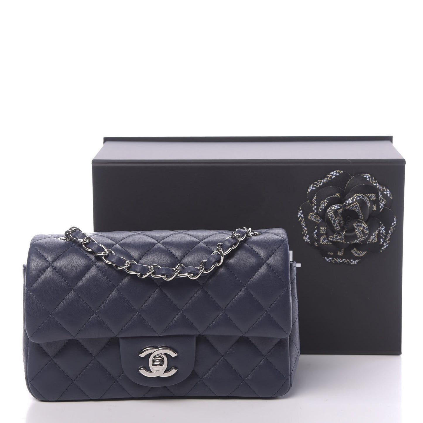 Lambskin Quilted Mini Rectangular Flap Dark Blue