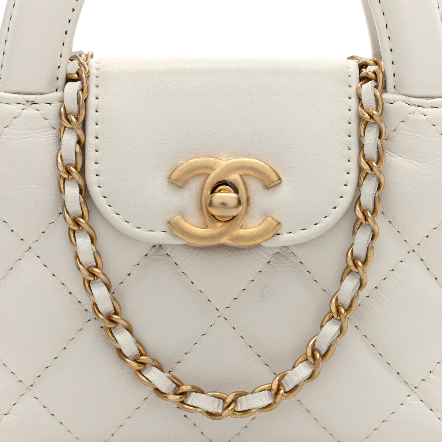 Shiny Aged Calfskin Quilted Mini Nano Kelly Shopper White