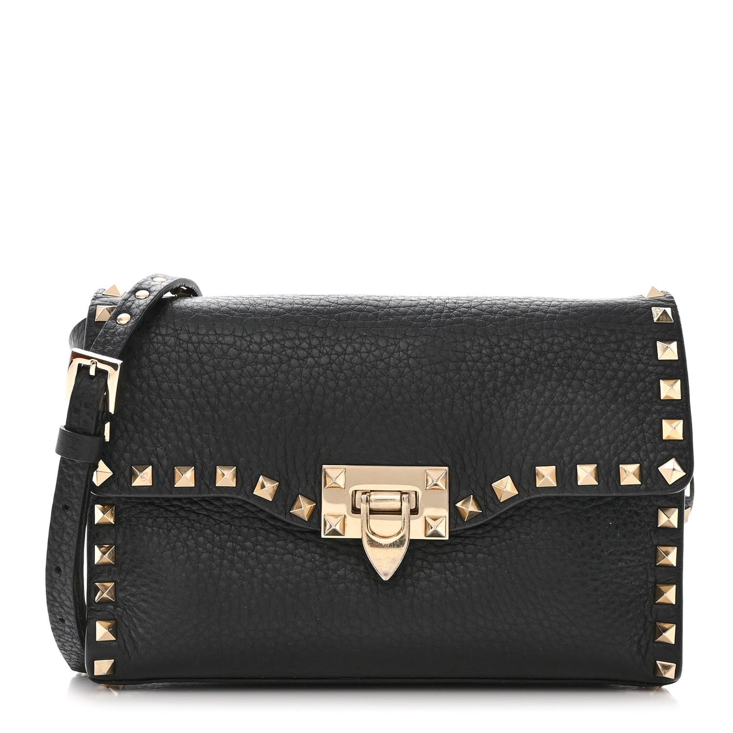 Pebbled Calfskin Medium Rockstud Flip Lock Crossbody Bag Black