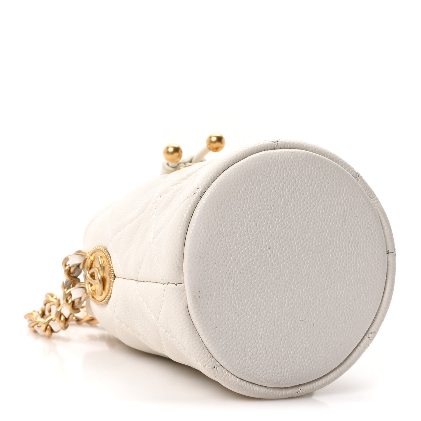 Caviar Quilted Twist Your Buttons Mini Bucket Bag White