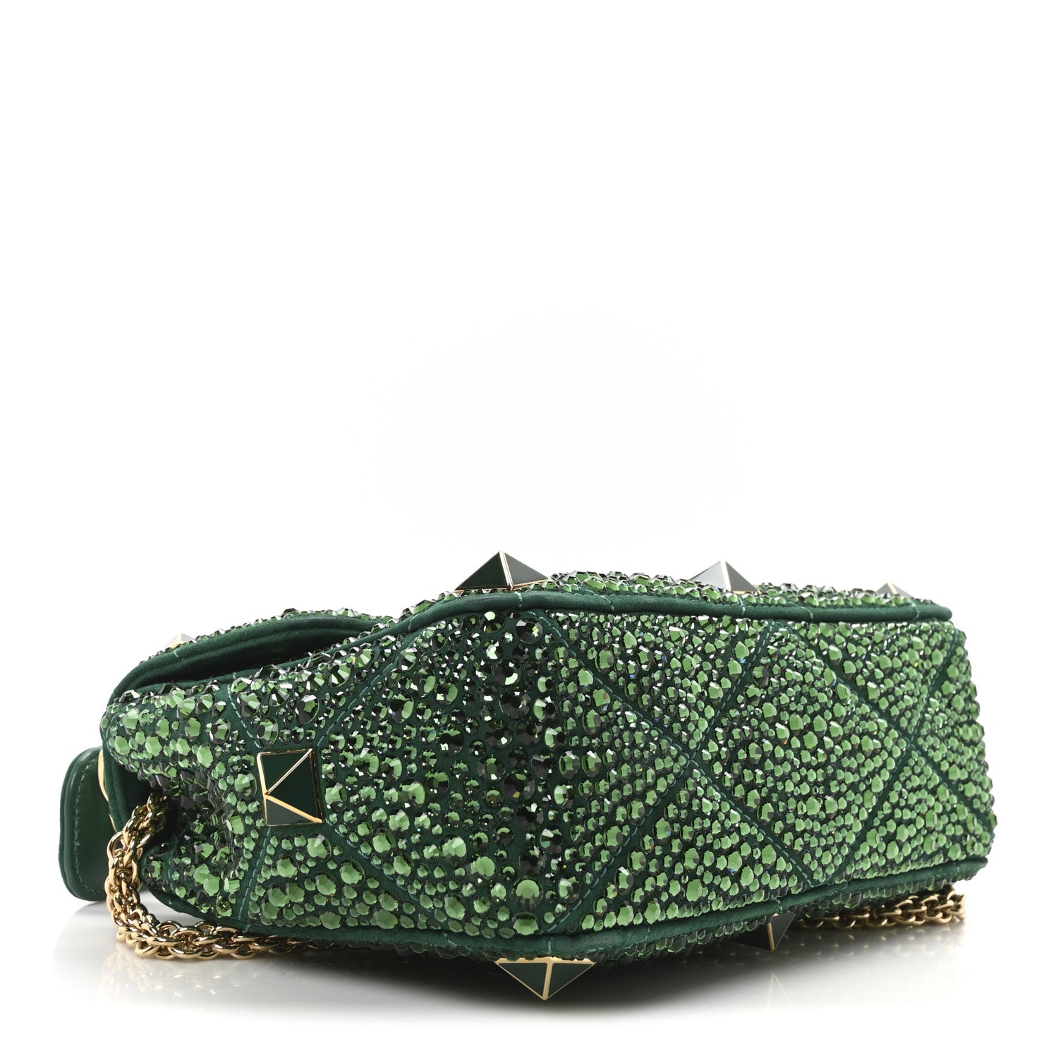Valentino Garavani Crystal Suede Enamel Medium Roman Stud Shoulder Bag Green 4 of 9