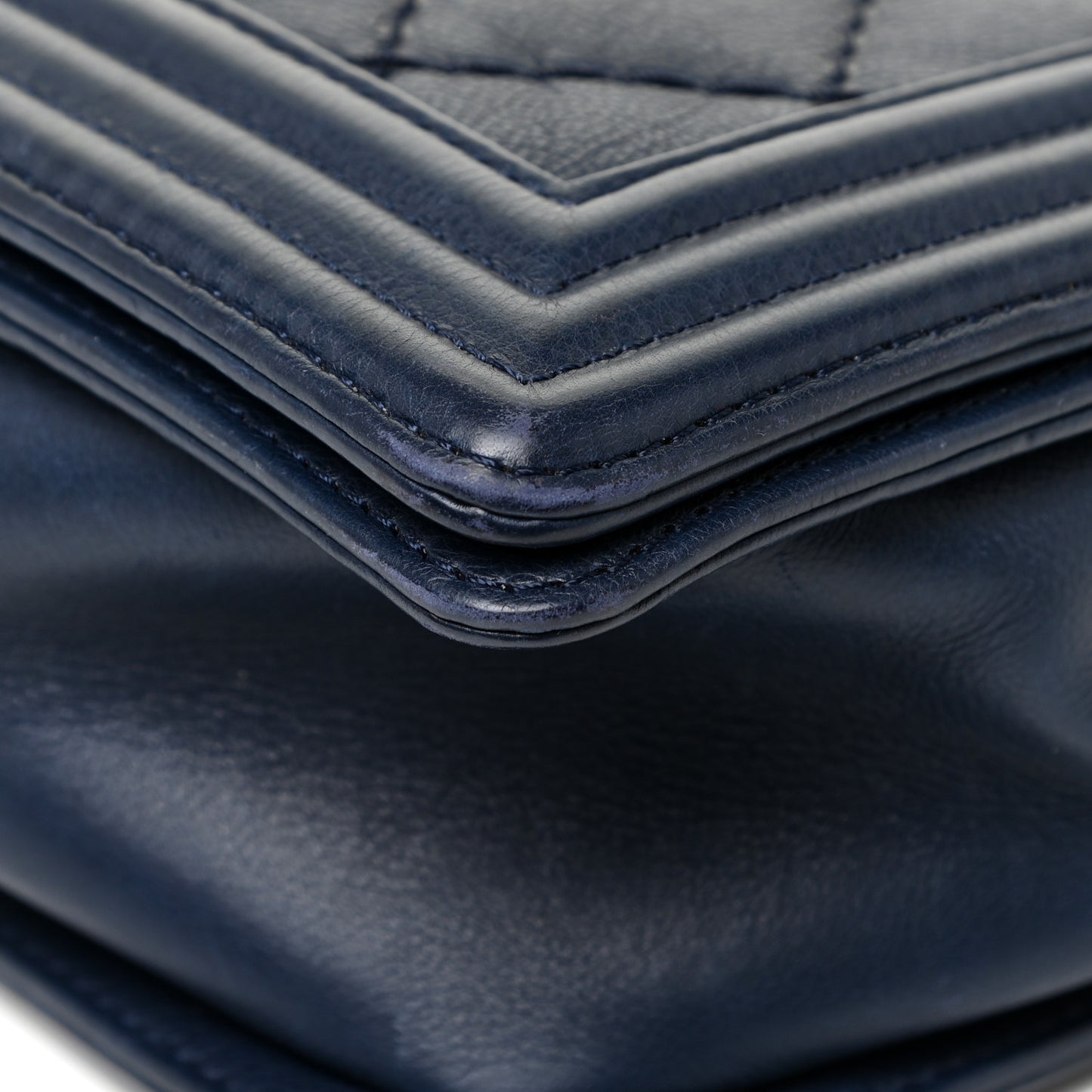 Calfskin Double Stitch Large Boy Flap Navy Blue