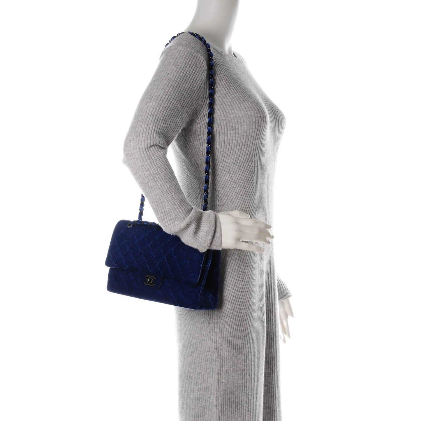 Velvet Quilted Medium Double Flap Navy Blue