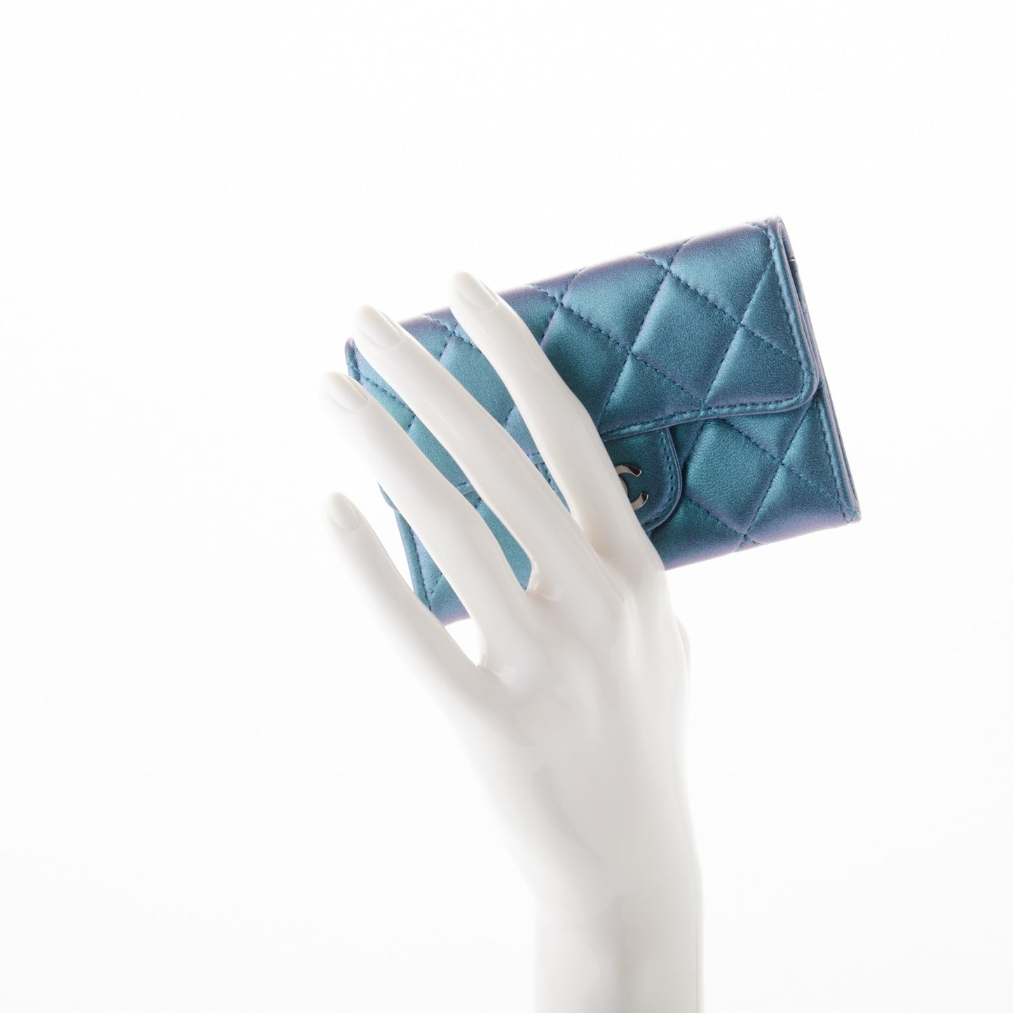 Metallic Lambskin Quilted Flap Card Holder Turquoise