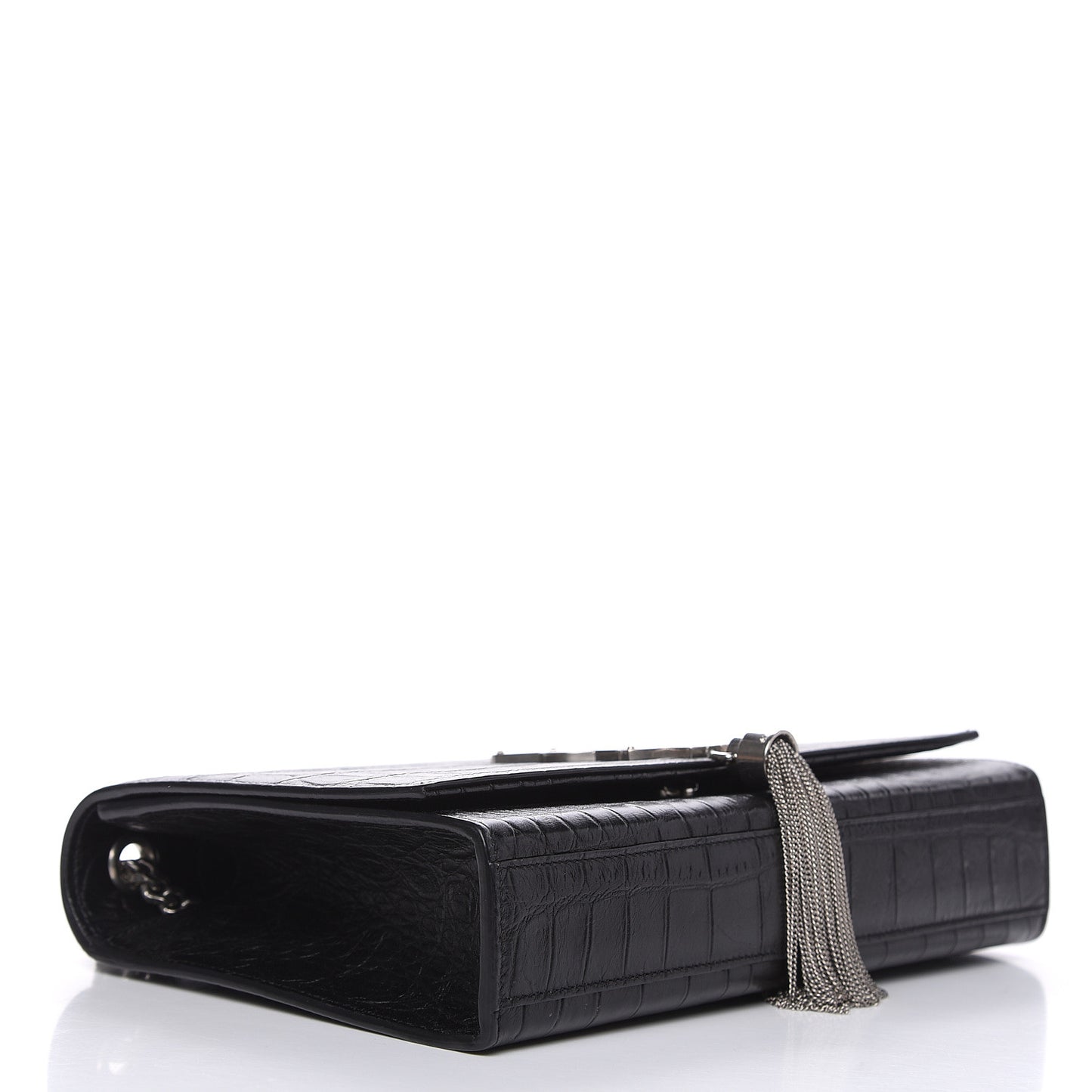Calfskin Crocodile Embossed Medium Classic Monogram Kate Tassel Satchel Black