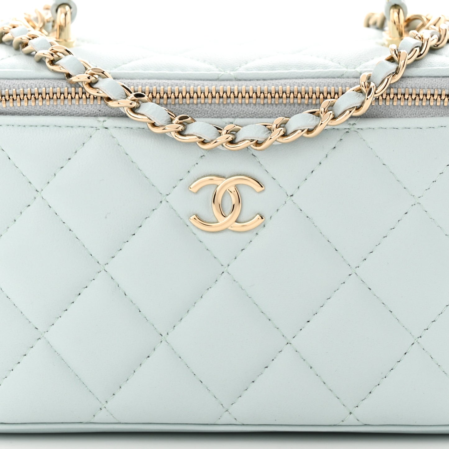 Lambskin Quilted Small Top Handle Vanity Case With Chain Light Blue
