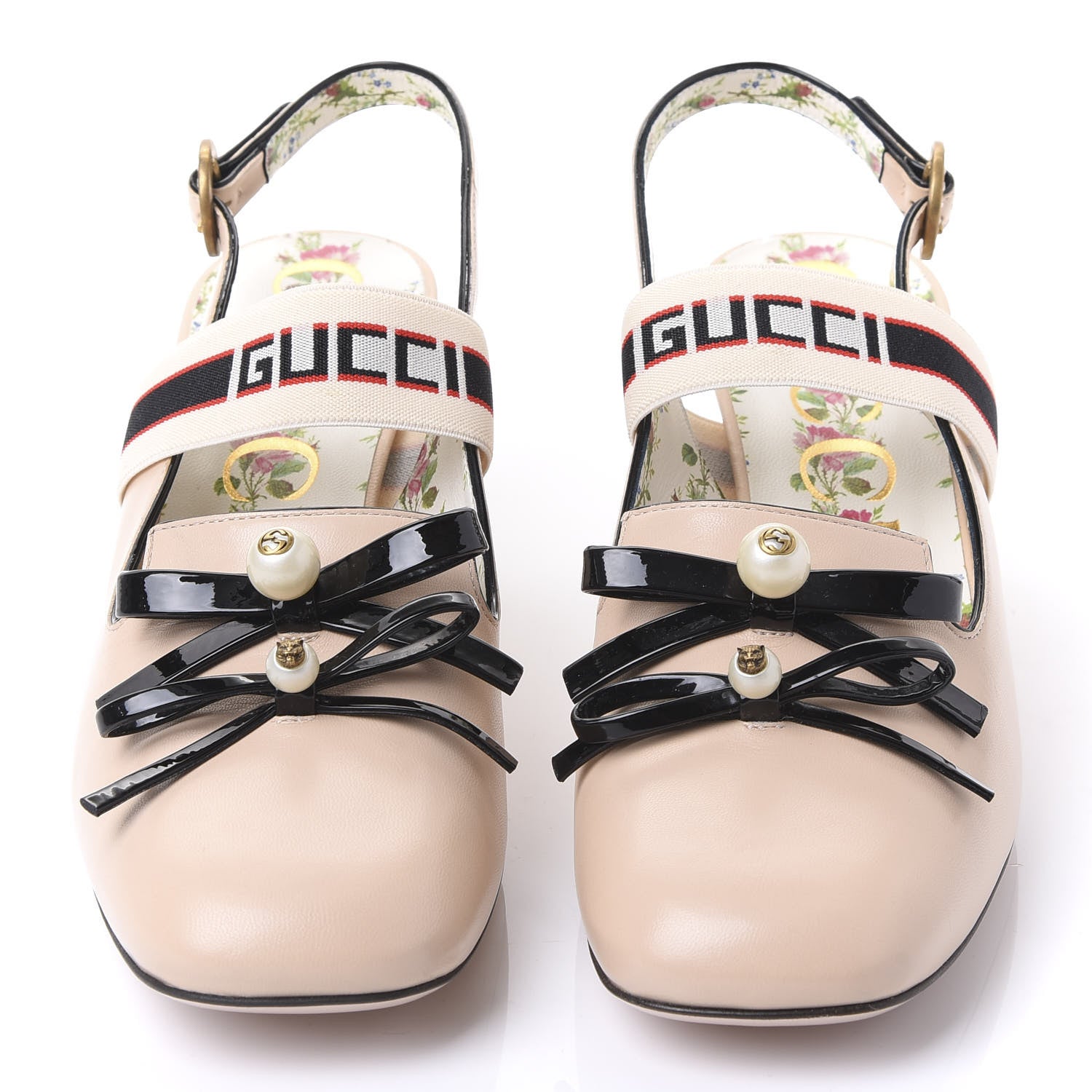 Gucci Malaga Kid Bow Ace Stripe Mid Heel Slingback Pumps 41 Beige 2 of 9