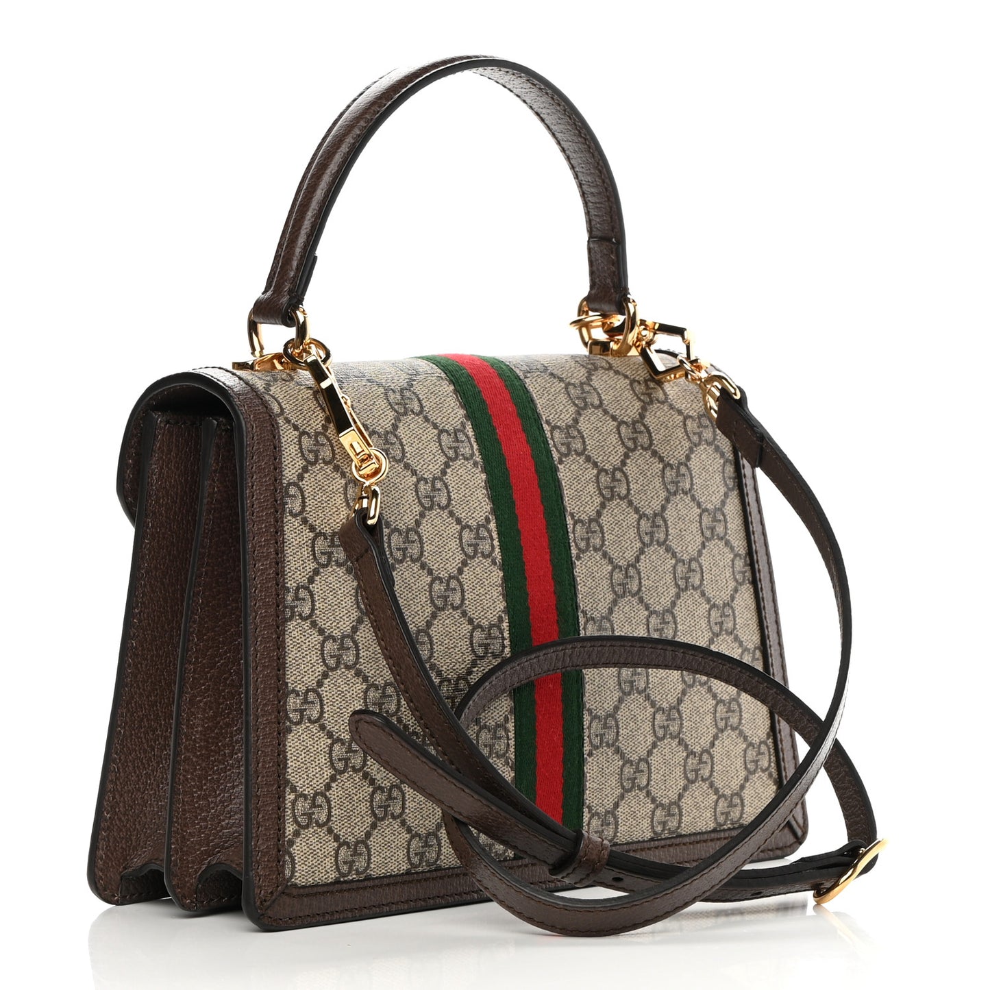 GG Supreme Monogram Textured Dollar Calfskin Web Small Ophidia Padlock Top Handle Bag Beige Ebony New Acero