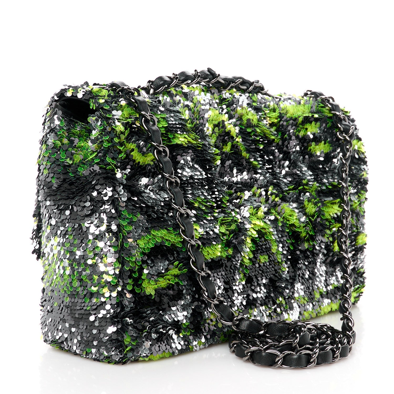 Chanel Sequin Logo Single Flap Green Silver Black 3 of 11