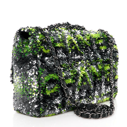 Chanel Sequin Logo Single Flap Green Silver Black 3 of 11