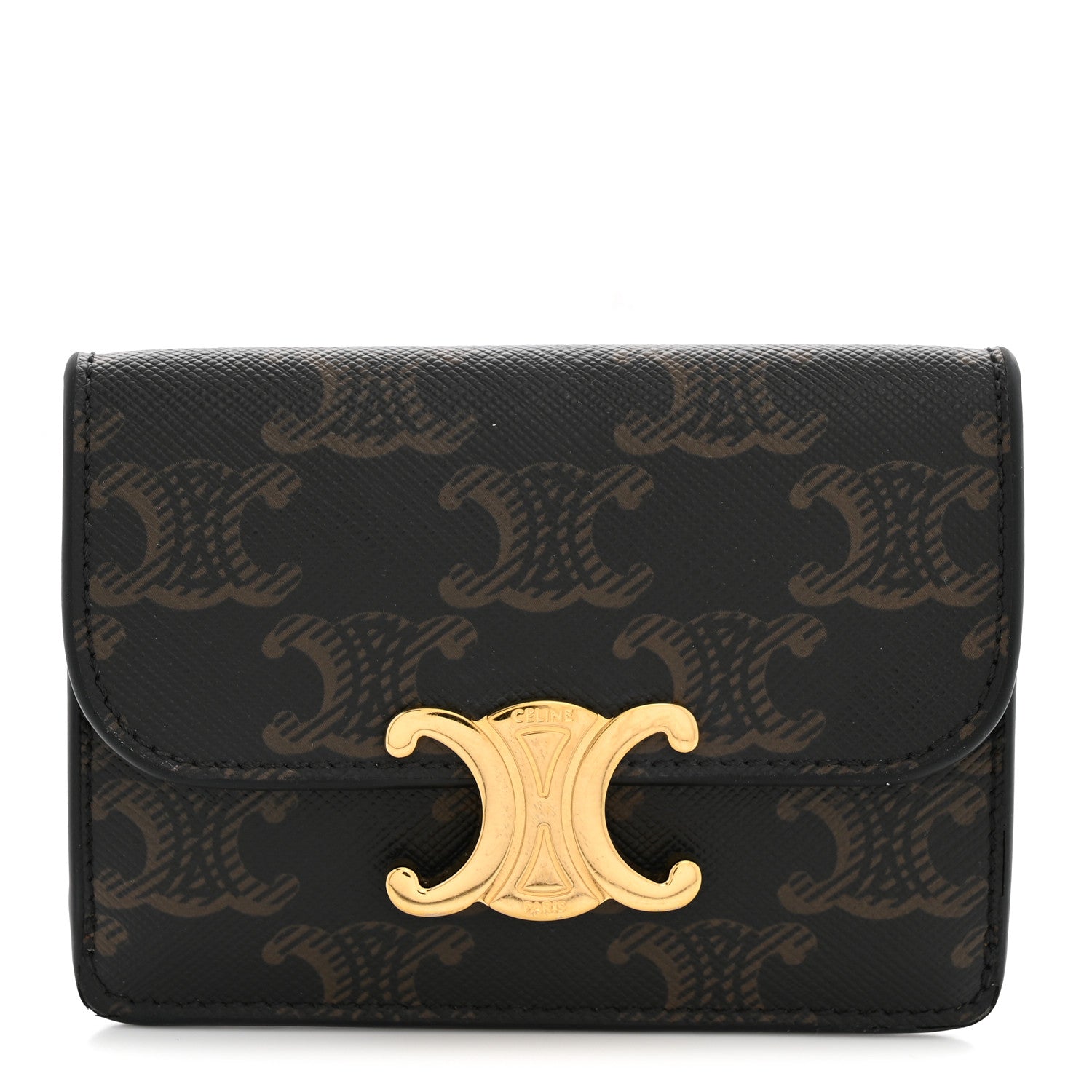 Celine Triomphe Canvas Calfskin Flap Card Holder Tan 1 of 7