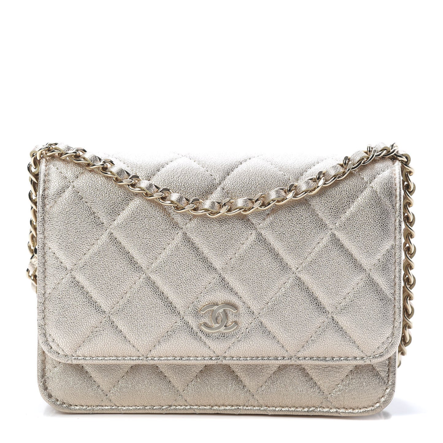 Metallic Lambskin Quilted Mini Wallet On Chain WOC Gold