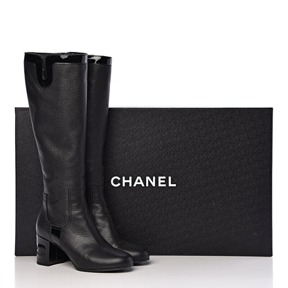 Chanel Grained Goatskin Patent Calfskin High Boots 37.5 Black 9 of 9