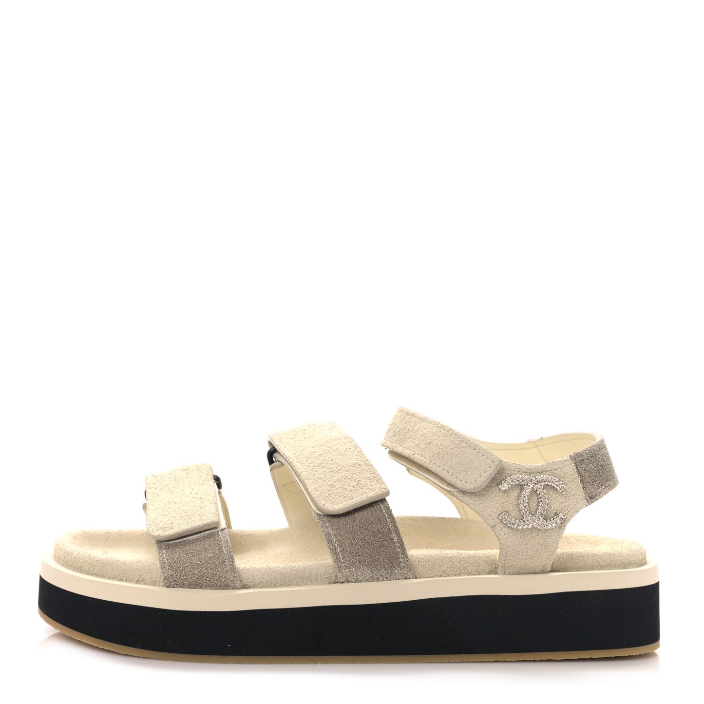 Suede Calfskin Velcro Flat Sandals 40 Ecru Dark Beige