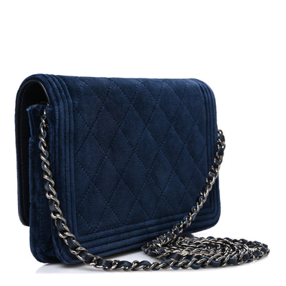 Chanel Velvet Quilted Boy Wallet On Chain WOC Blue 3 of 11