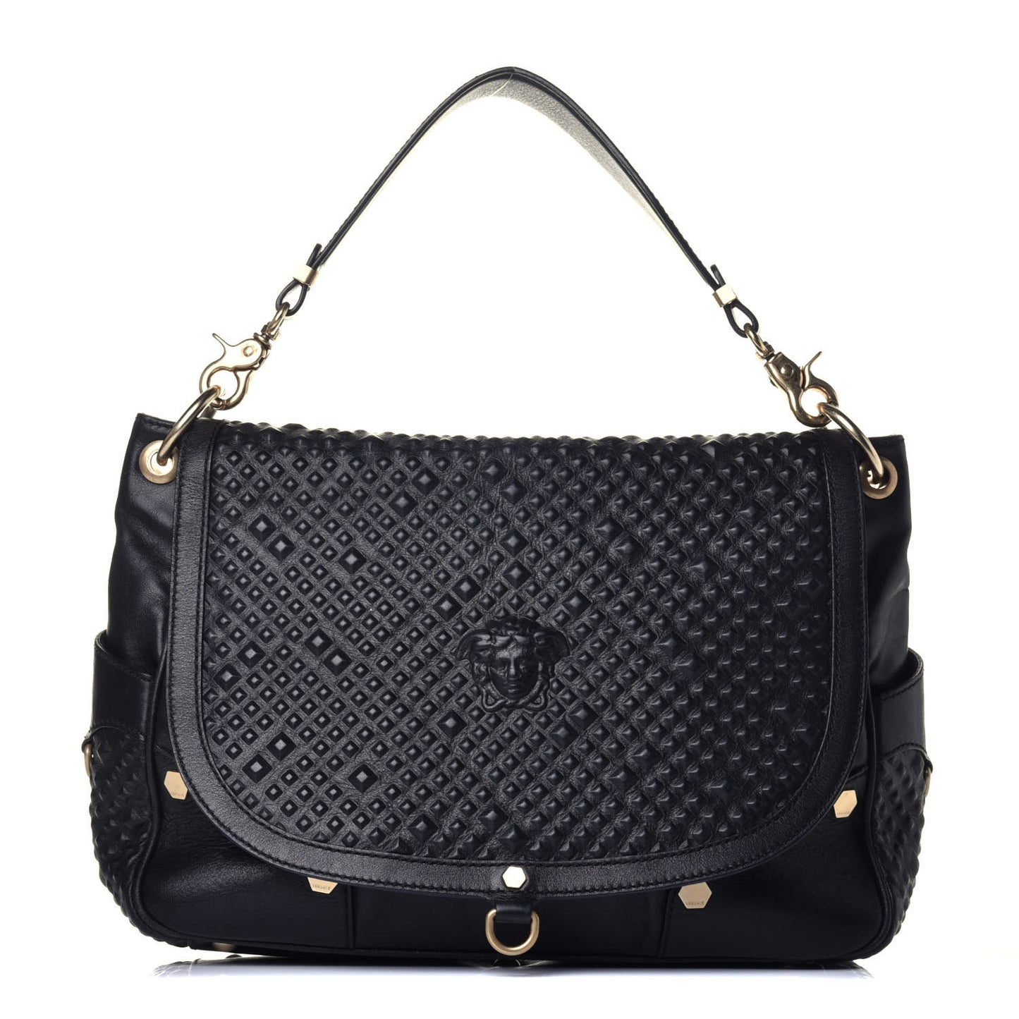 Calfskin Embossed Medusa Flap Hobo Black